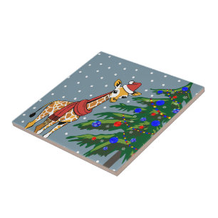 Cute Giraffe Beanie and Scarf with Christmas Tree Tile