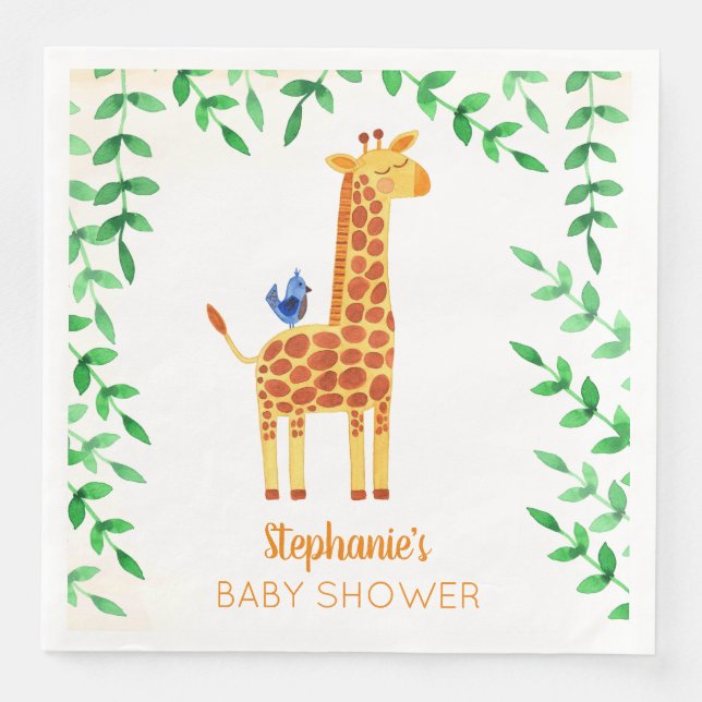 Cute Giraffe & Bird Baby Shower Personalised Napkin (Front)
