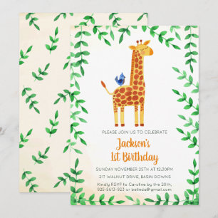 Cute Giraffe & Bird Birthday Invitation