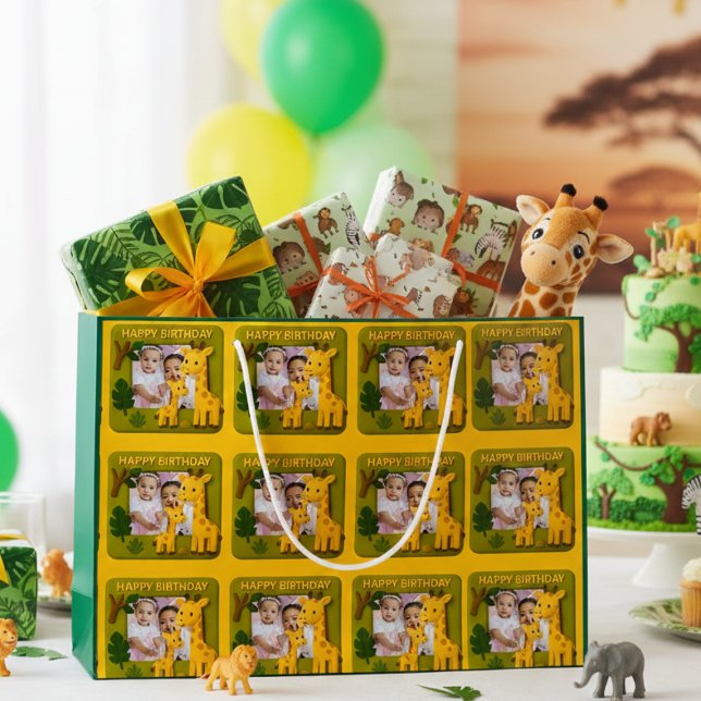 Cute Giraffe Birthday Photo Customizable Large Gift Bag (Creator Uploaded)