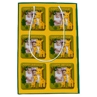 Cute Giraffe Birthday Photo Customizable Medium Gift Bag
