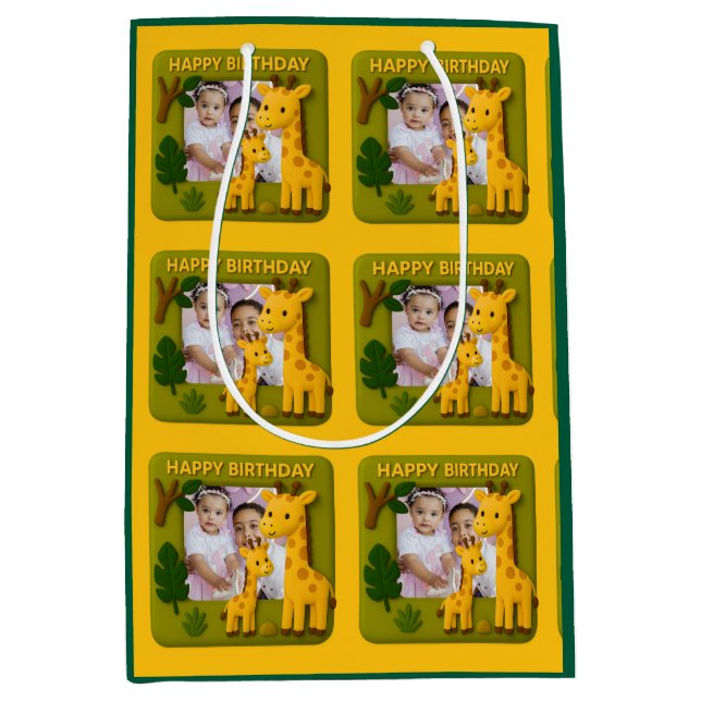 Cute Giraffe Birthday Photo Customizable Medium Gift Bag (Front)