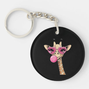 Cute Giraffe Blowing Pink Bubble Gum Sunglasses Key Ring