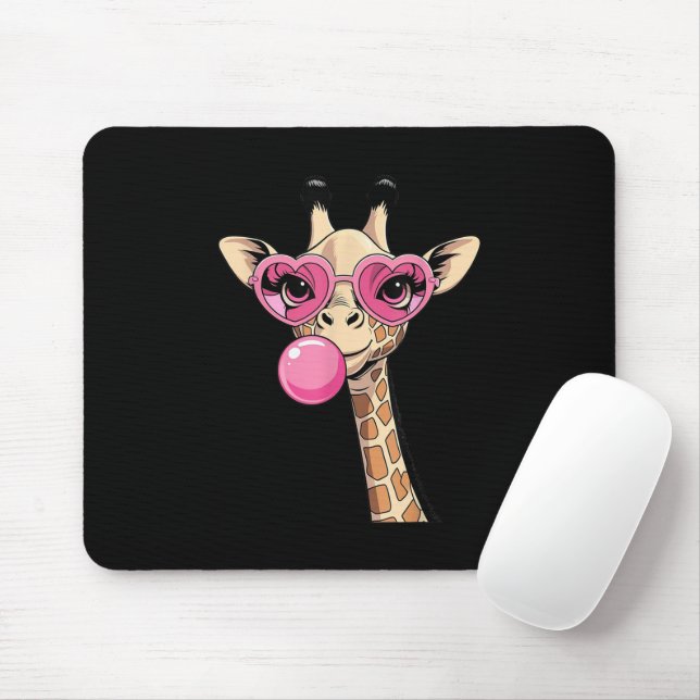 Cute Giraffe Blowing Pink Bubble Gum Sunglasses  Mouse Mat (With Mouse)
