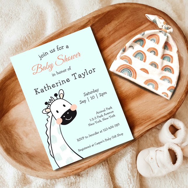 Cute Giraffe Blue Baby Shower Invitation (Cute Giraffe Baby Shower Invitation, Safari Animal Theme)