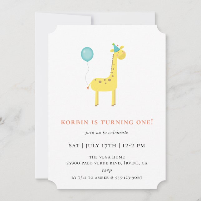 Cute Giraffe Blue Balloon Birthday Party Invitation (Front)