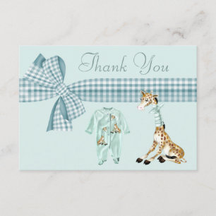 Cute Giraffe Blue Boy Baby Shower Thank You Card