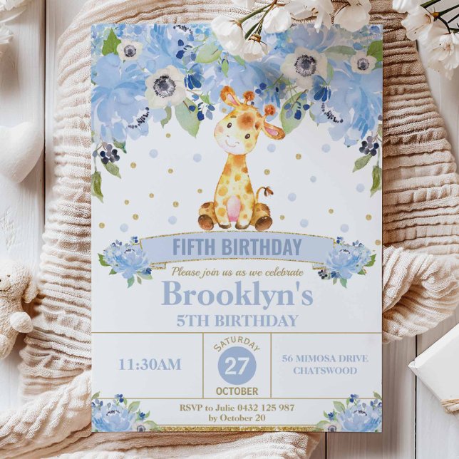 Cute Giraffe Blue Floral Birthday Party  Invitation (Creator Uploaded)