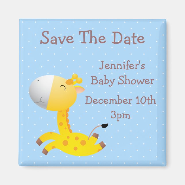 Cute Giraffe Blue Save The Date Baby Shower Magnet (Front)