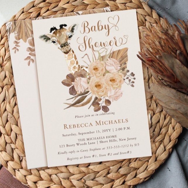 Cute Giraffe Boho Dried Grasses Baby Shower Invita Invitation (Creator Uploaded)