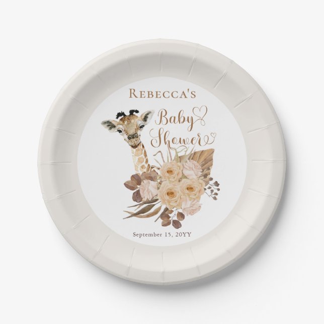 Cute Giraffe Boho Dried Grasses Baby Shower Paper Plate (Front)