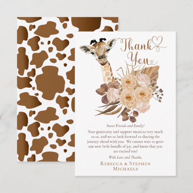 Cute Giraffe Boho Dried Grasses Baby Shower  Thank You Card (Front/Back)