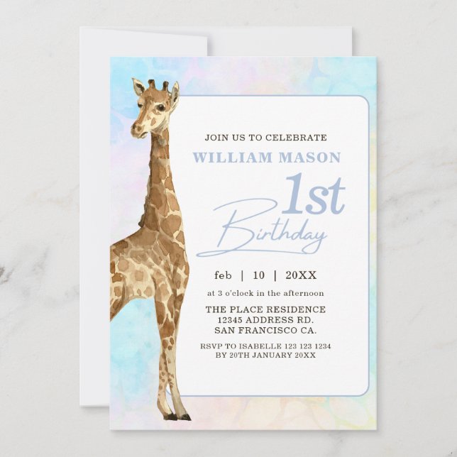 Cute Giraffe Boy 1st Birthday Blue Invitation (Front)