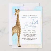 Cute Giraffe Boy 1st Birthday Blue