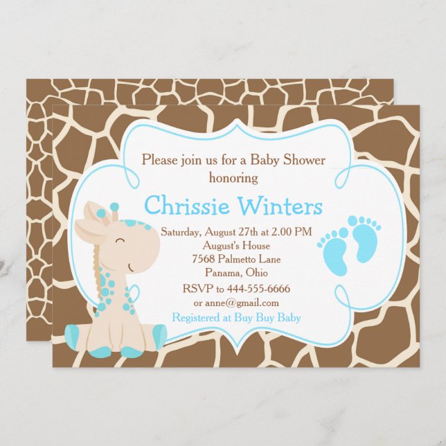 Cute Giraffe Boy Blue Baby Shower Invitation (Front/Back)