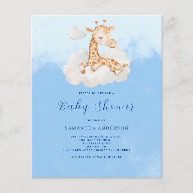 Cute Giraffe Boy Budget Baby Shower Invitation Flyer (Front)