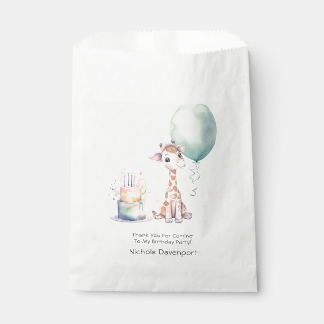 Cute Giraffe Cake Balloon 1st. Birthday Thank You Favour Bags (Front)