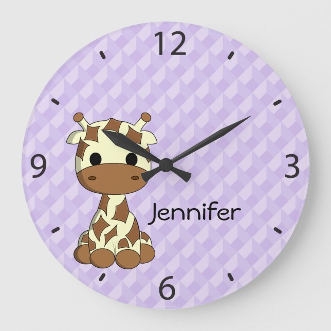 Cute giraffe cartoon name large nursery wall clock (Front)