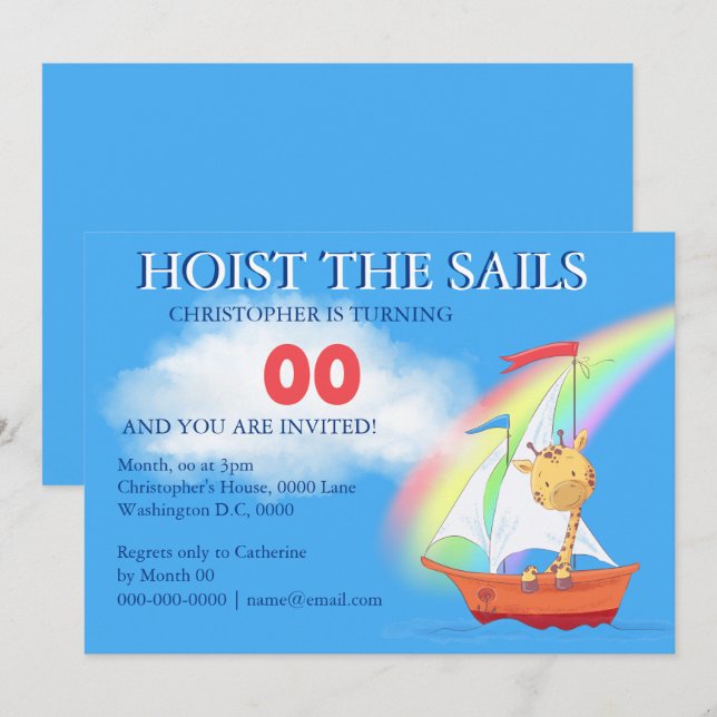 Cute giraffe cartoon sailing boat rainbow party invitation (Front/Back)