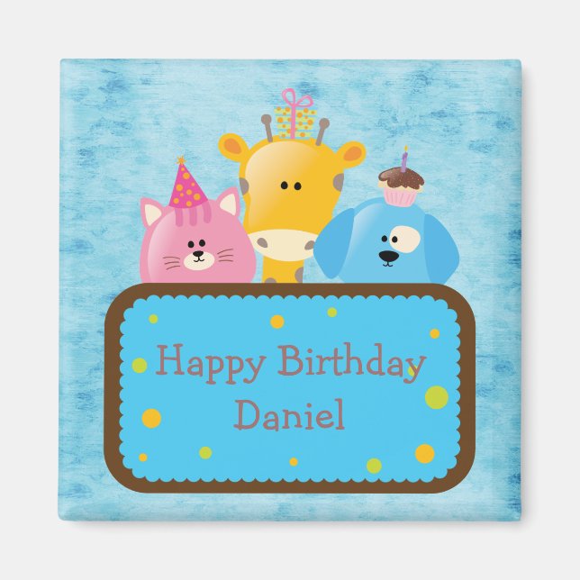 Cute Giraffe Cat & Dog Personalised Happy Birthday Magnet (Front)