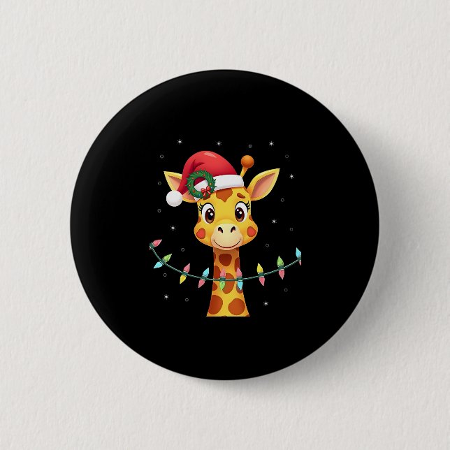 Cute Giraffe Christmas Lights Santa Hat Xmas Pajam 6 Cm Round Badge (Front)