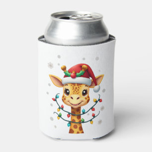 Cute Giraffe Christmas Lights Santa Hat Xmas Pajam Can Cooler