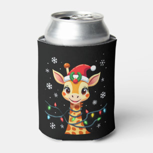 Cute Giraffe Christmas Lights Santa Hat Xmas Pajam Can Cooler