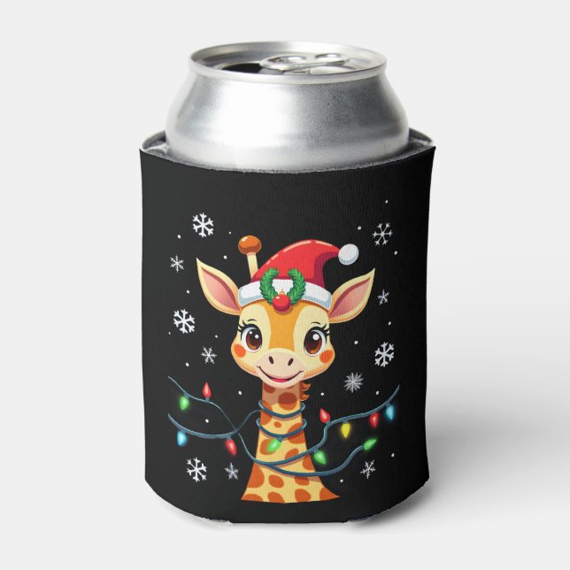 Cute Giraffe Christmas Lights Santa Hat Xmas Pajam Can Cooler (Can Front)