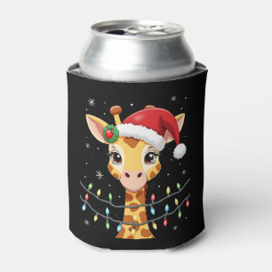 Cute Giraffe Christmas Lights Santa Hat Xmas Pajam Can Cooler