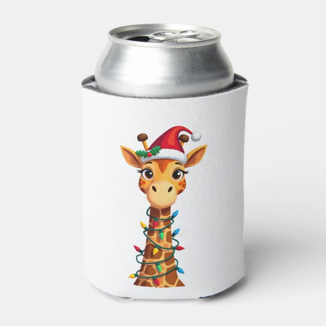Cute Giraffe Christmas Lights Santa Hat Xmas Pajam Can Cooler (Can Front)