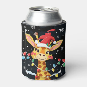 Cute Giraffe Christmas Lights Santa Hat Xmas Pajam Can Cooler