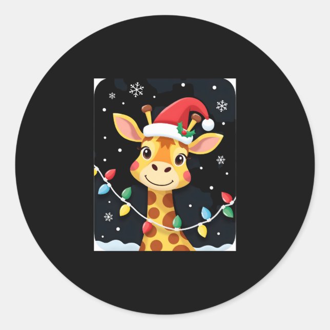 Cute Giraffe Christmas Lights Santa Hat Xmas Pajam Classic Round Sticker (Front)
