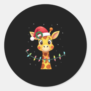 Cute Giraffe Christmas Lights Santa Hat Xmas Pajam Classic Round Sticker