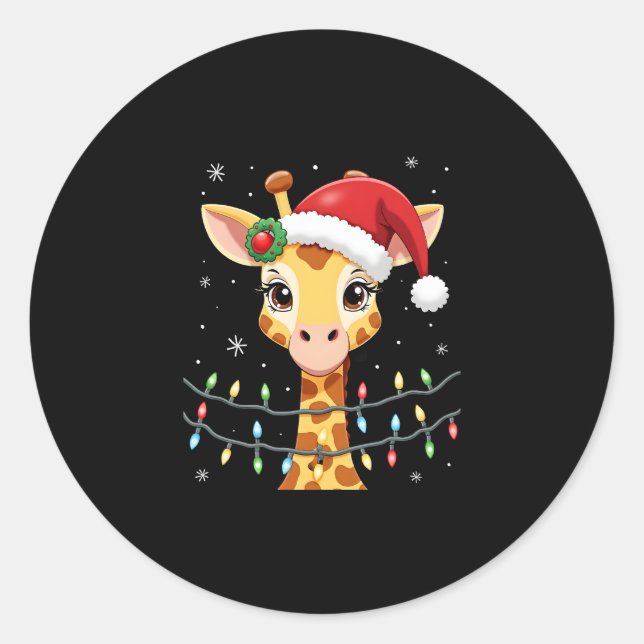 Cute Giraffe Christmas Lights Santa Hat Xmas Pajam Classic Round Sticker (Front)