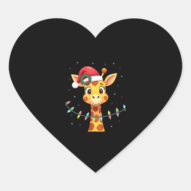 Cute Giraffe Christmas Lights Santa Hat Xmas Pajam Heart Sticker (Front)