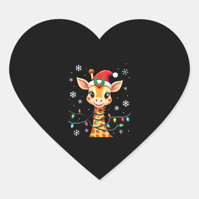 Cute Giraffe Christmas Lights Santa Hat Xmas Pajam Heart Sticker (Front)