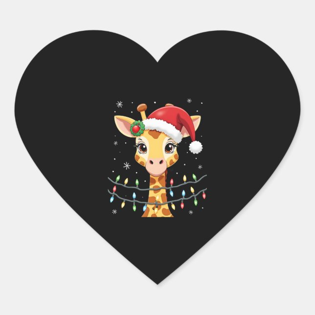 Cute Giraffe Christmas Lights Santa Hat Xmas Pajam Heart Sticker (Front)