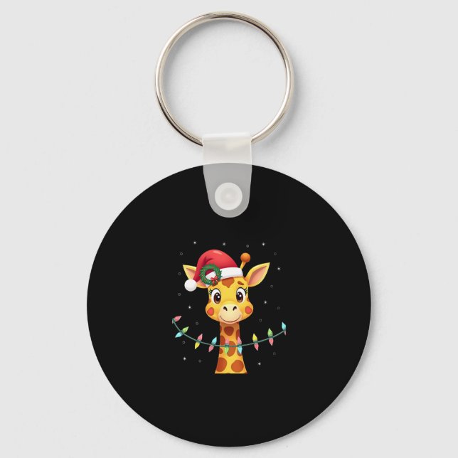 Cute Giraffe Christmas Lights Santa Hat Xmas Pajam Key Ring (Front)
