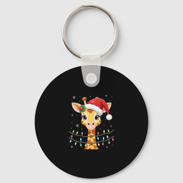 Cute Giraffe Christmas Lights Santa Hat Xmas Pajam Key Ring (Front)