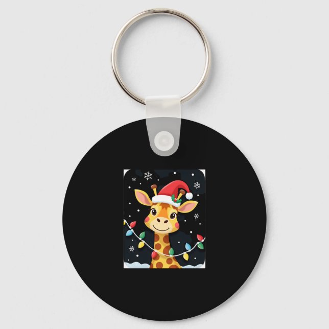 Cute Giraffe Christmas Lights Santa Hat Xmas Pajam Key Ring (Front)