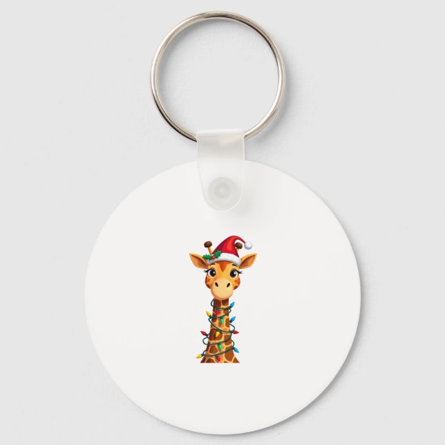 Cute Giraffe Christmas Lights Santa Hat Xmas Pajam Key Ring (Front)