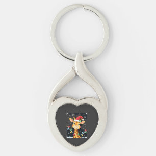Cute Giraffe Christmas Lights Santa Hat Xmas Pajam Key Ring