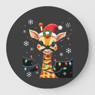 Cute Giraffe Christmas Lights Santa Hat Xmas Pajam Large Clock