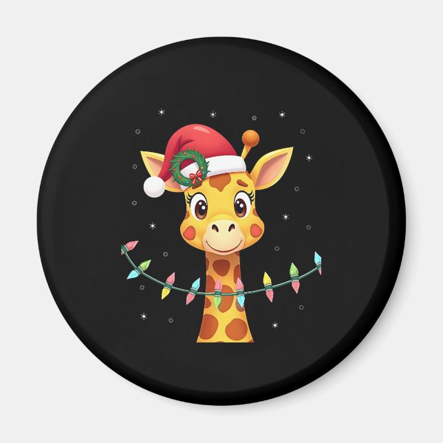 Cute Giraffe Christmas Lights Santa Hat Xmas Pajam Magnet (Front)