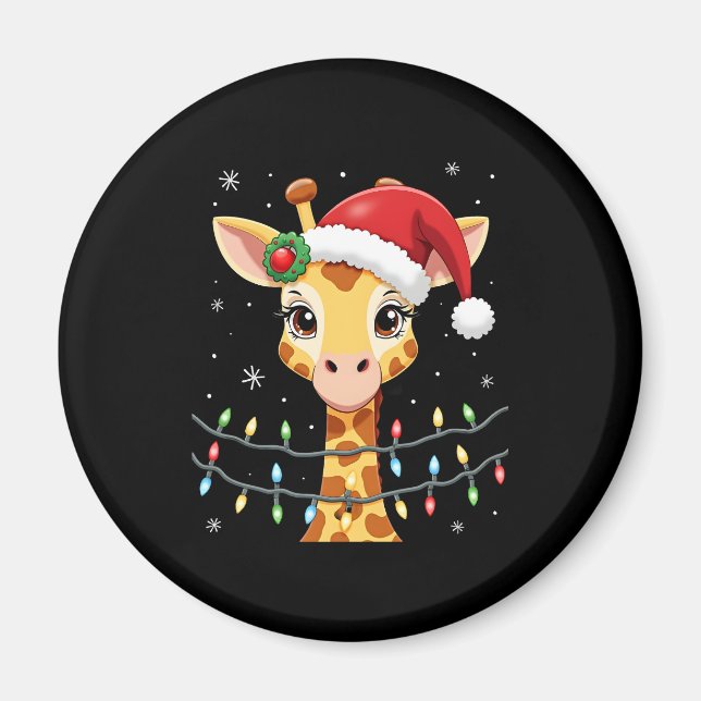 Cute Giraffe Christmas Lights Santa Hat Xmas Pajam Magnet (Front)