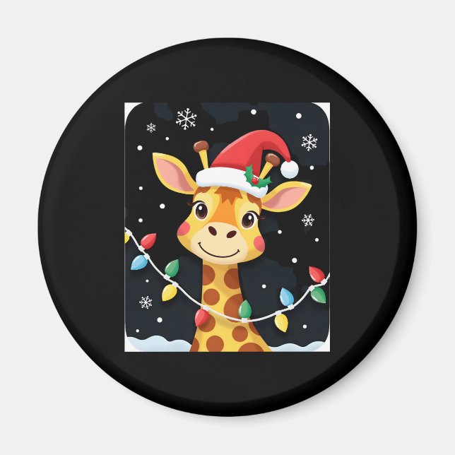 Cute Giraffe Christmas Lights Santa Hat Xmas Pajam Magnet (Front)