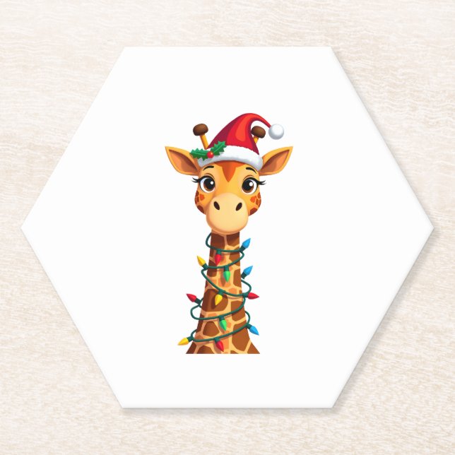 Cute Giraffe Christmas Lights Santa Hat Xmas Pajam Paper Coaster (Front)