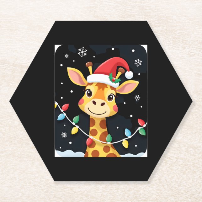 Cute Giraffe Christmas Lights Santa Hat Xmas Pajam Paper Coaster (Front)