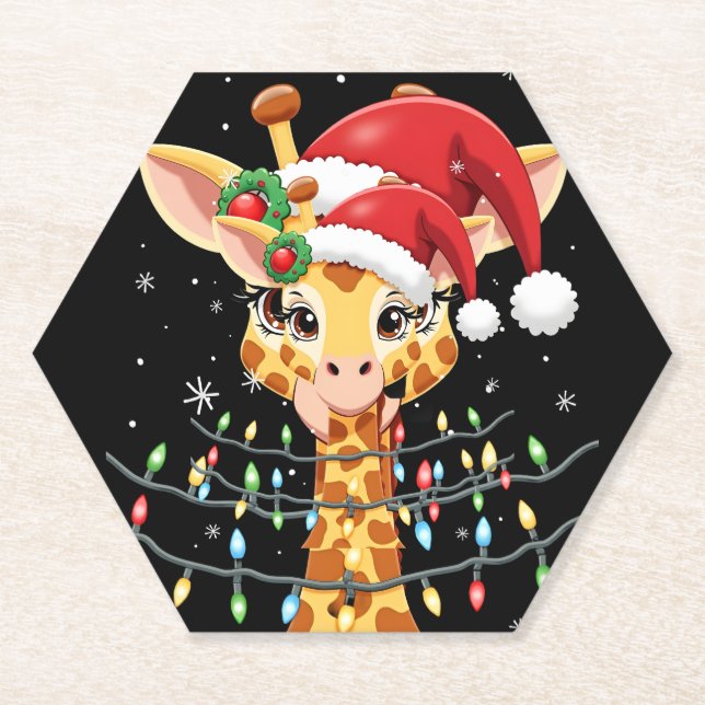 Cute Giraffe Christmas Lights Santa Hat Xmas Pajam Paper Coaster (Front)