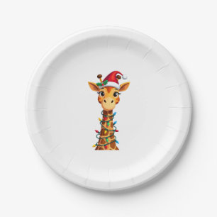 Cute Giraffe Christmas Lights Santa Hat Xmas Pajam Paper Plate